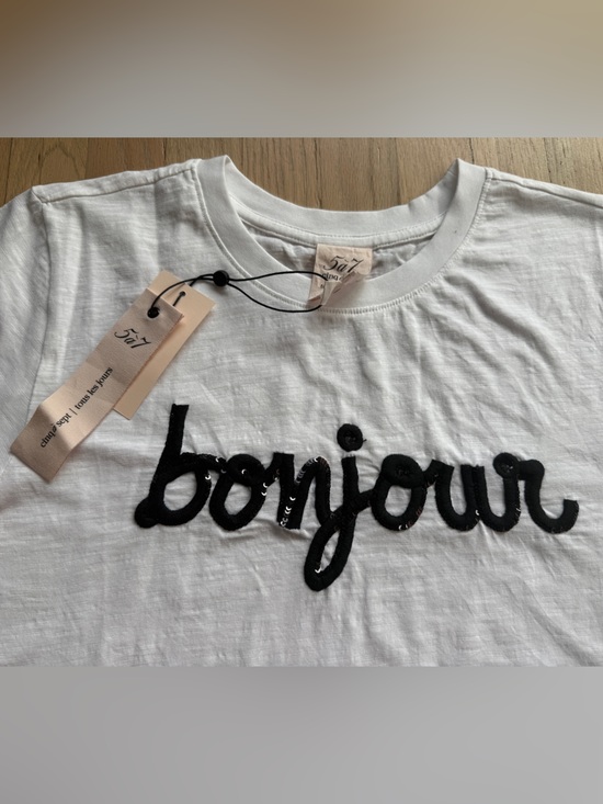cinq a sept Tops - cinq a sept 5 a 7  “bonjour” French shrunken White Tee with Black sequins Script